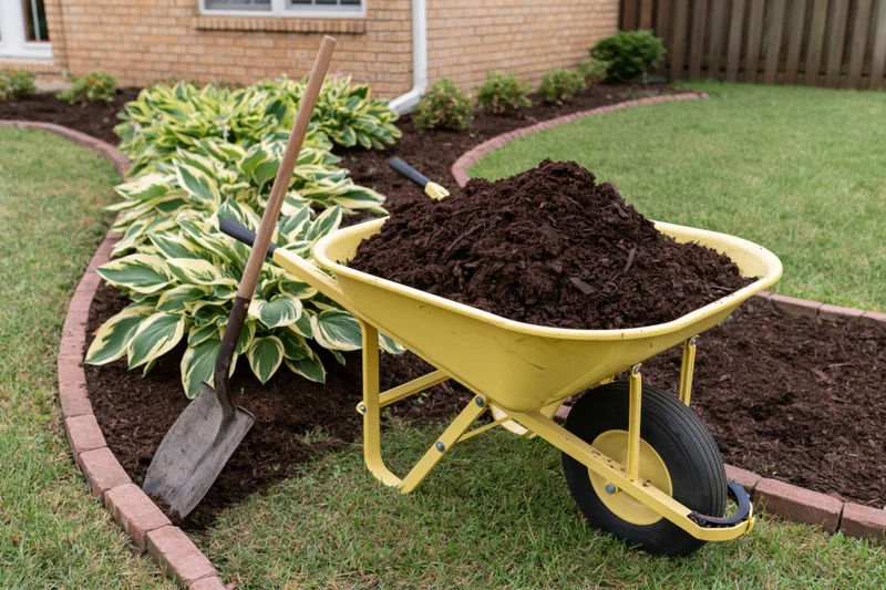 Yellow wheelbarrow filled with dark mulch on a lawn beside a garden bed with hosta plants and a shovel nearby