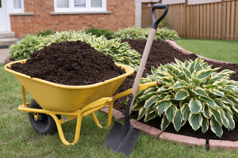 Yellow wheelbarrow filled with dark mulch beside a shovel in a landscaped garden bed with hosta plants and brick edging on a lawn