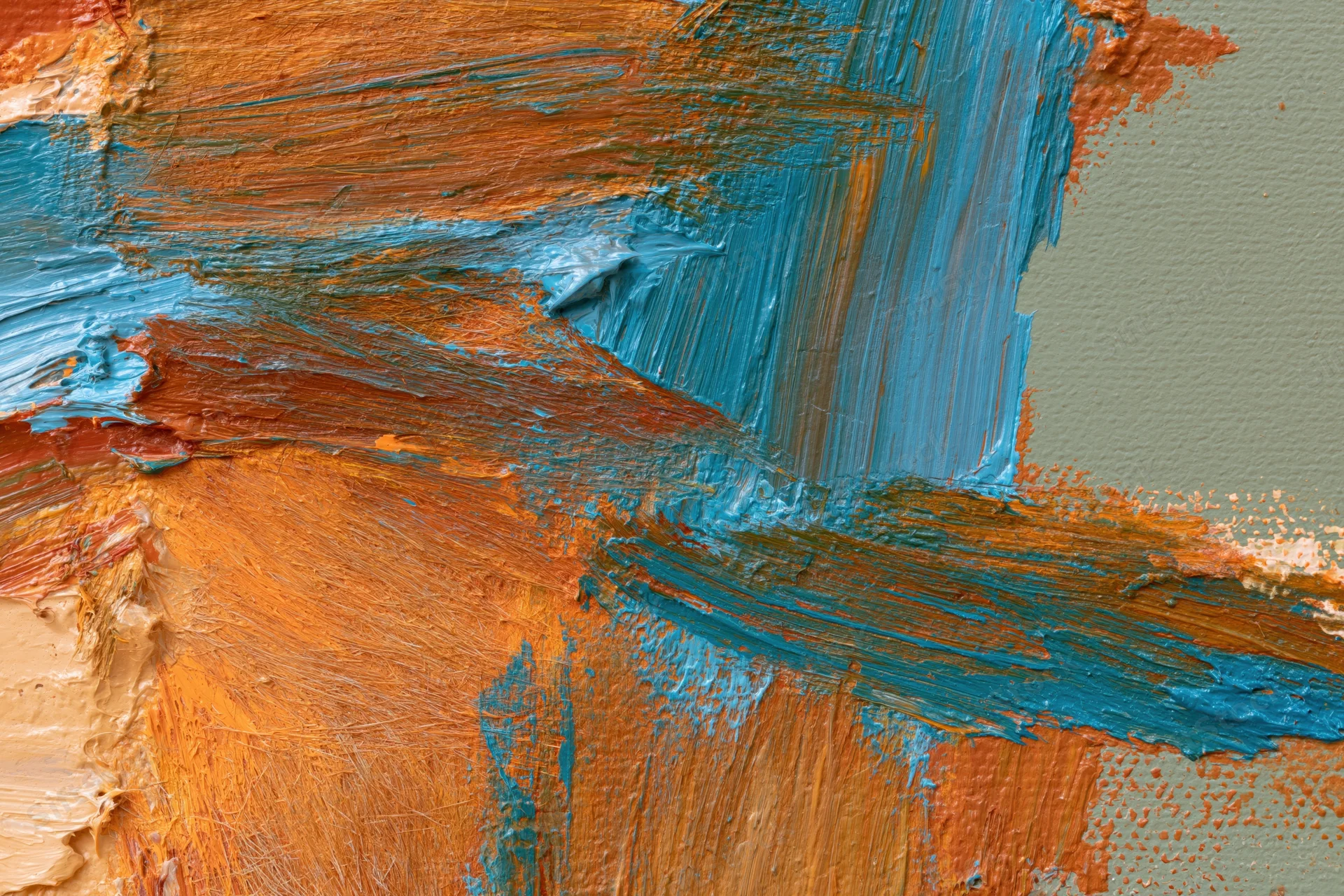 Abstract oil painting with thick brushstrokes and textured impasto on canvas, flat-lay view