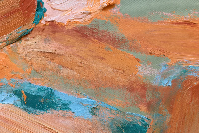 Abstract oil painting with thick brushstrokes and layered colors on canvas
