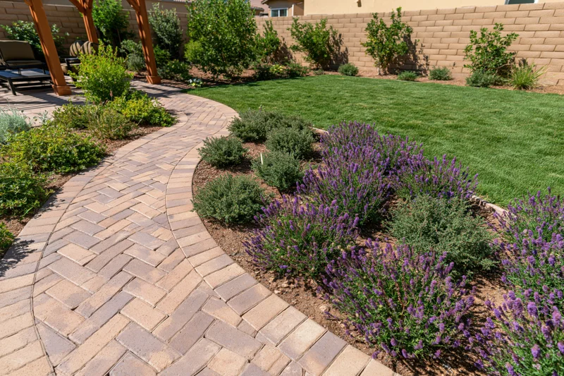 Curved brick pathway winding through landscaped backyard garden with lavender and shrubs near patio area