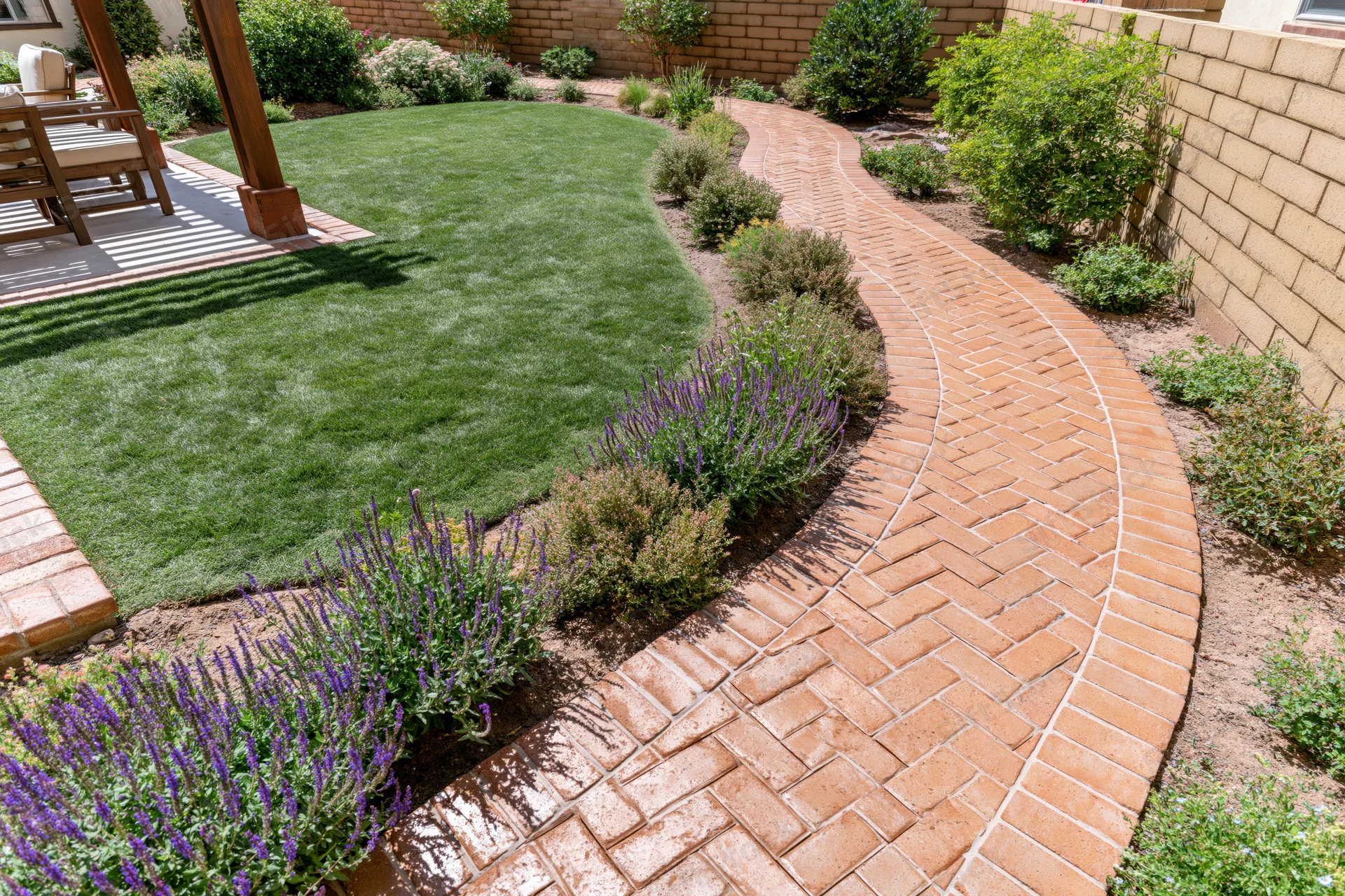 Curved brick pathway winding through landscaped backyard with lawn, shrubs, and lavender border
