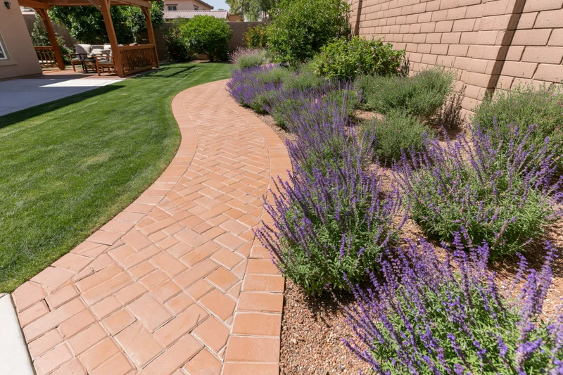 Curved brick pathway bordered by lavender and shrubs in a landscaped backyard garden