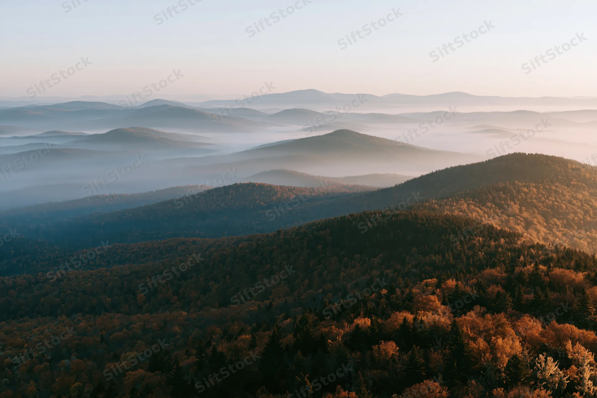 Layered forested mountain ridges receding into misty valleys under golden sunrise light