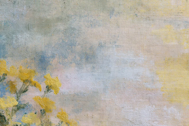 Impressionist floral brushwork on aged canvas texture with soft yellow and blue hues