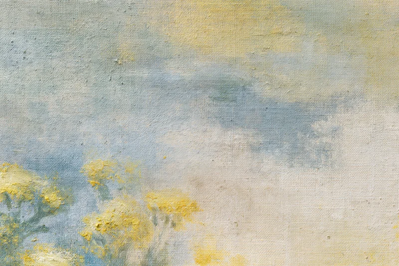 Aged canvas with soft impressionist floral brushwork in yellow and blue tones