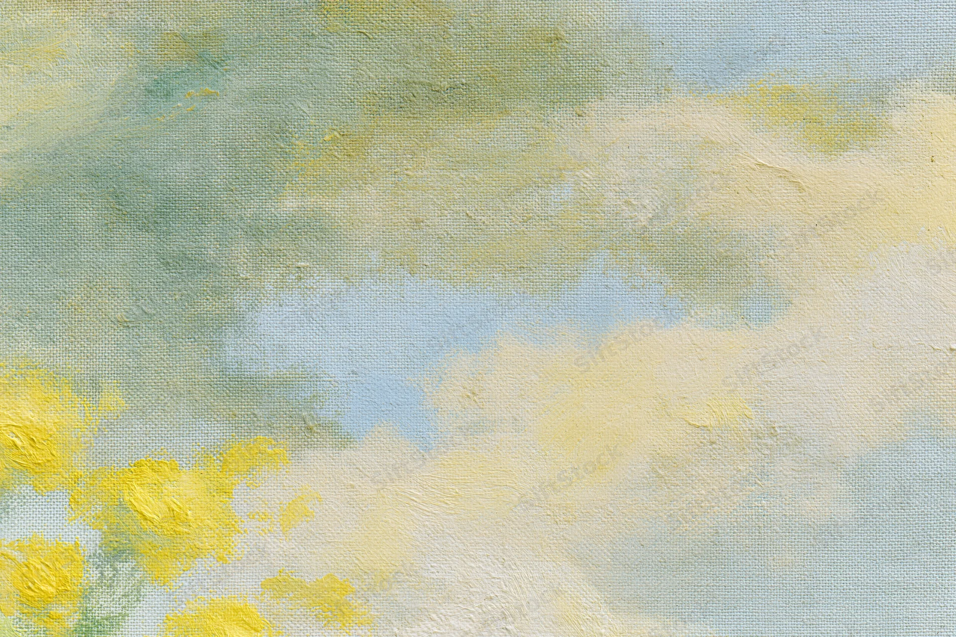 Aged canvas with soft impressionist floral brushwork in yellow blue and green