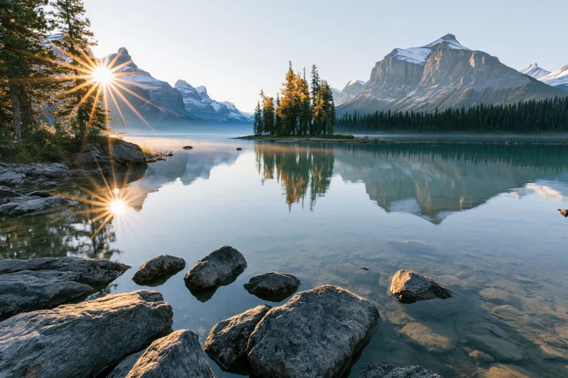 Alpine lake reflecting snow-capped mountains and a tree-covered island at sunrise with rocks in the foreground