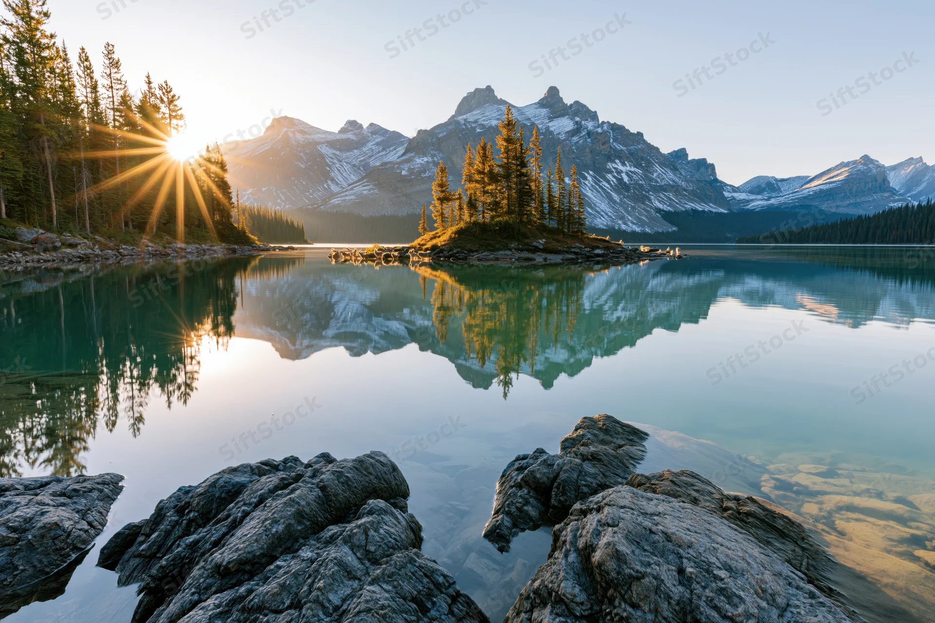 Alpine lake reflecting snow-capped mountains and pine trees at sunrise with a small island and rocks in the foreground