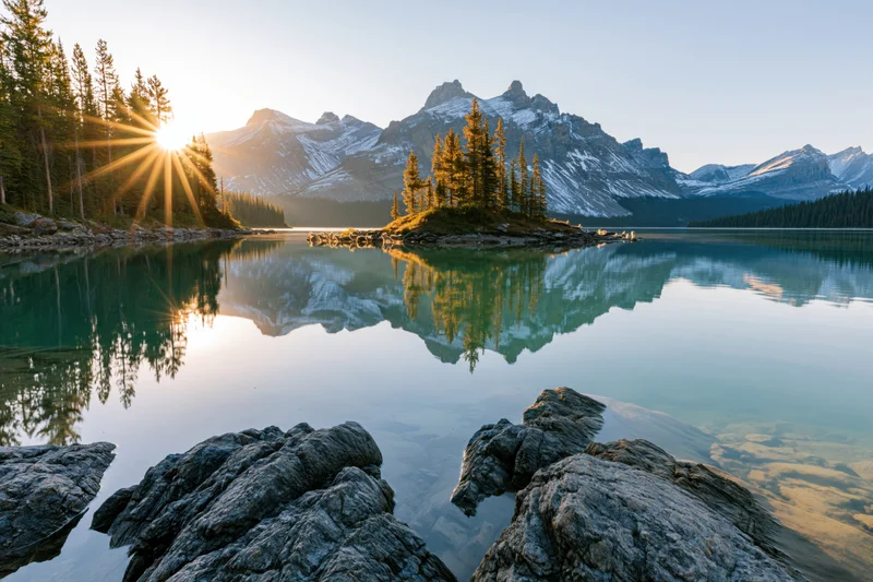 Alpine lake reflecting snow-capped mountains and pine trees at sunrise with a small island and rocks in the foreground