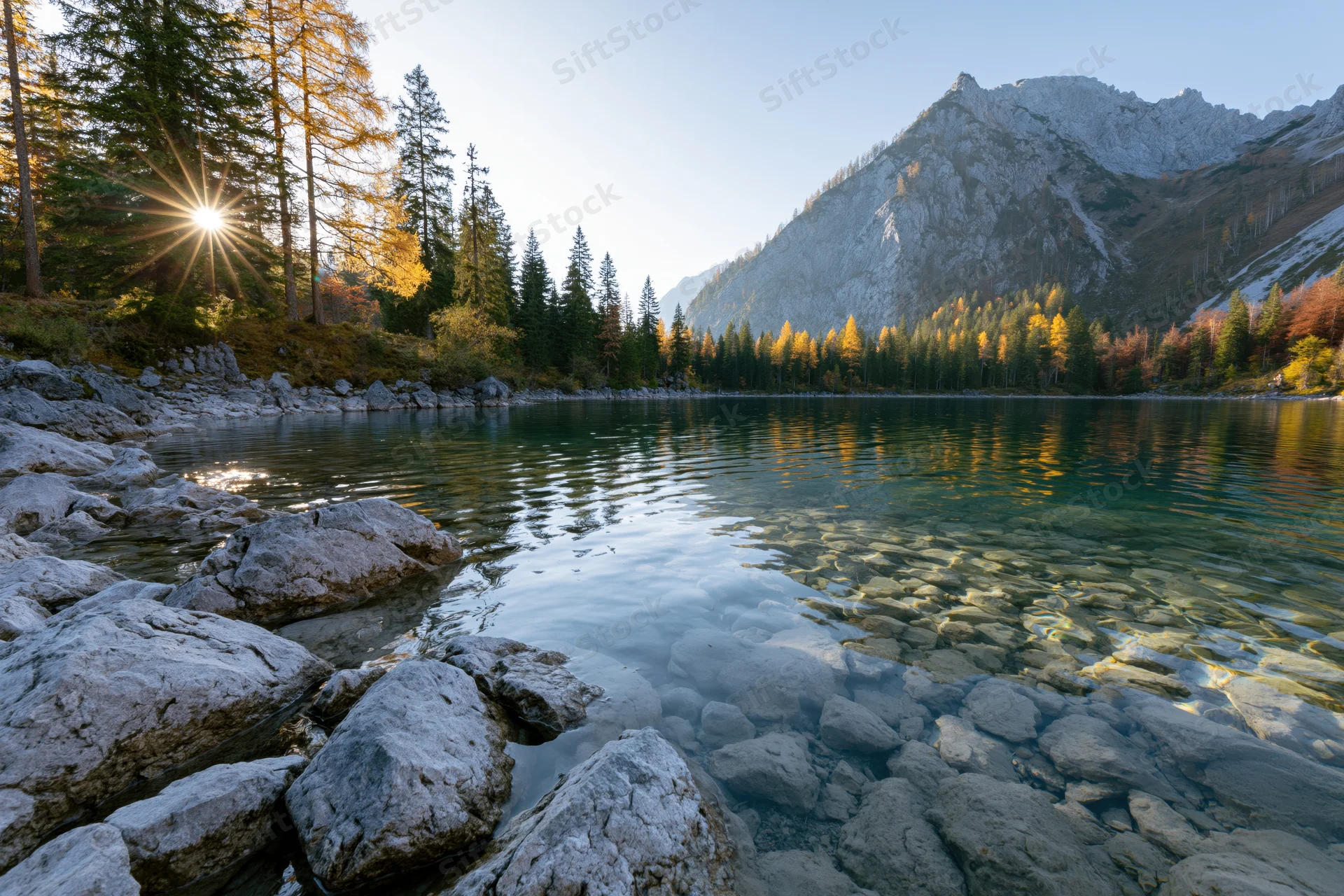 Alpine lake with clear shallow water and submerged rocks surrounded by autumn forest and mountains
