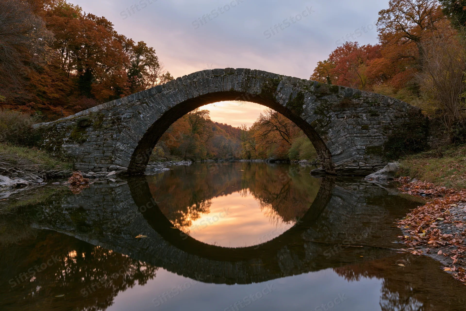 Ancient stone arch bridge spanning a still river with autumn foliage reflected in the water