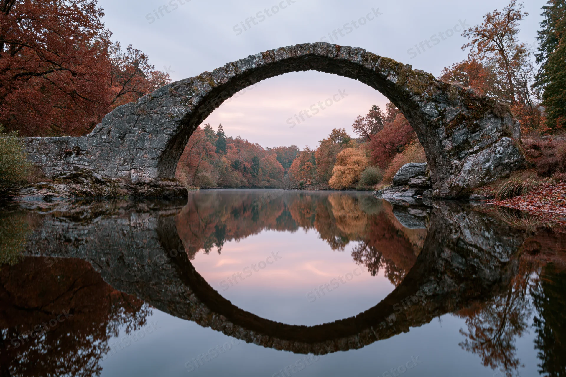 Ancient stone arch bridge spanning a still river with its reflection forming a perfect circle in the water surrounded by autumn trees