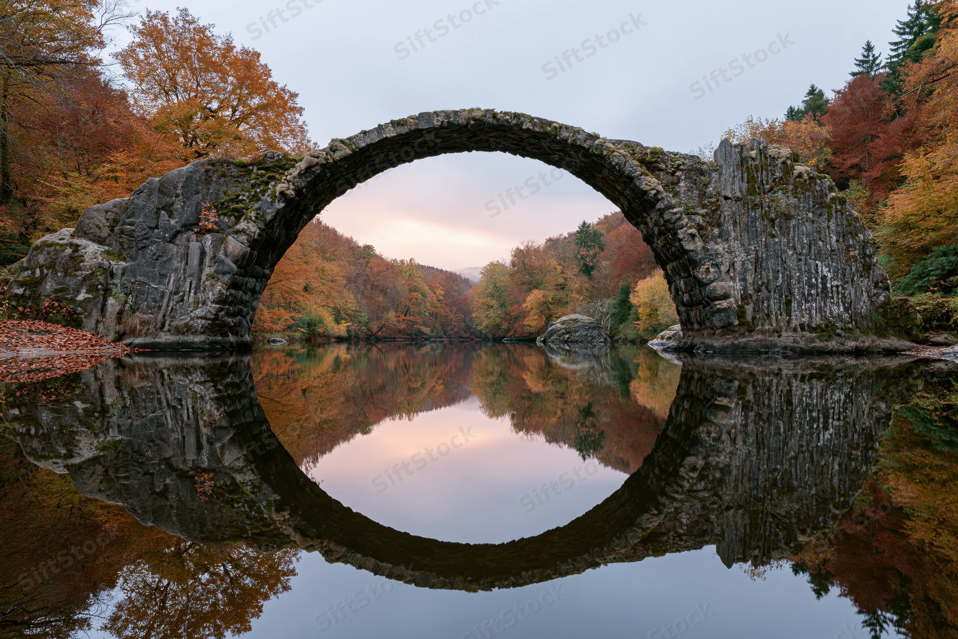 Ancient stone arch bridge spanning a still river with perfect reflection in autumn foliage
