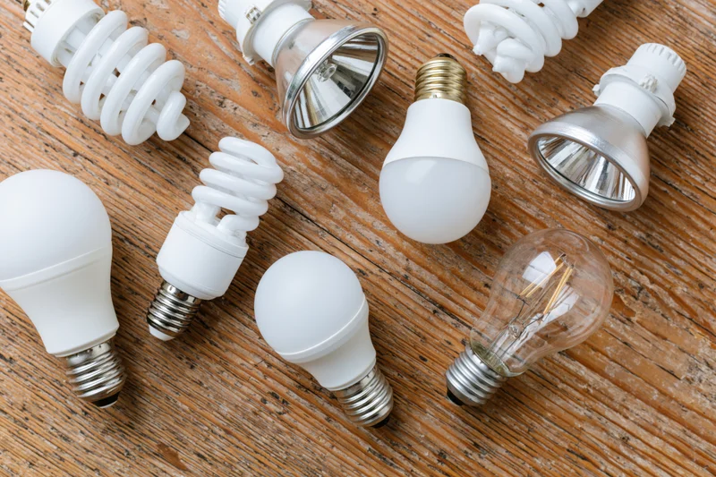 Assorted light bulbs of various types arranged on a wooden surface