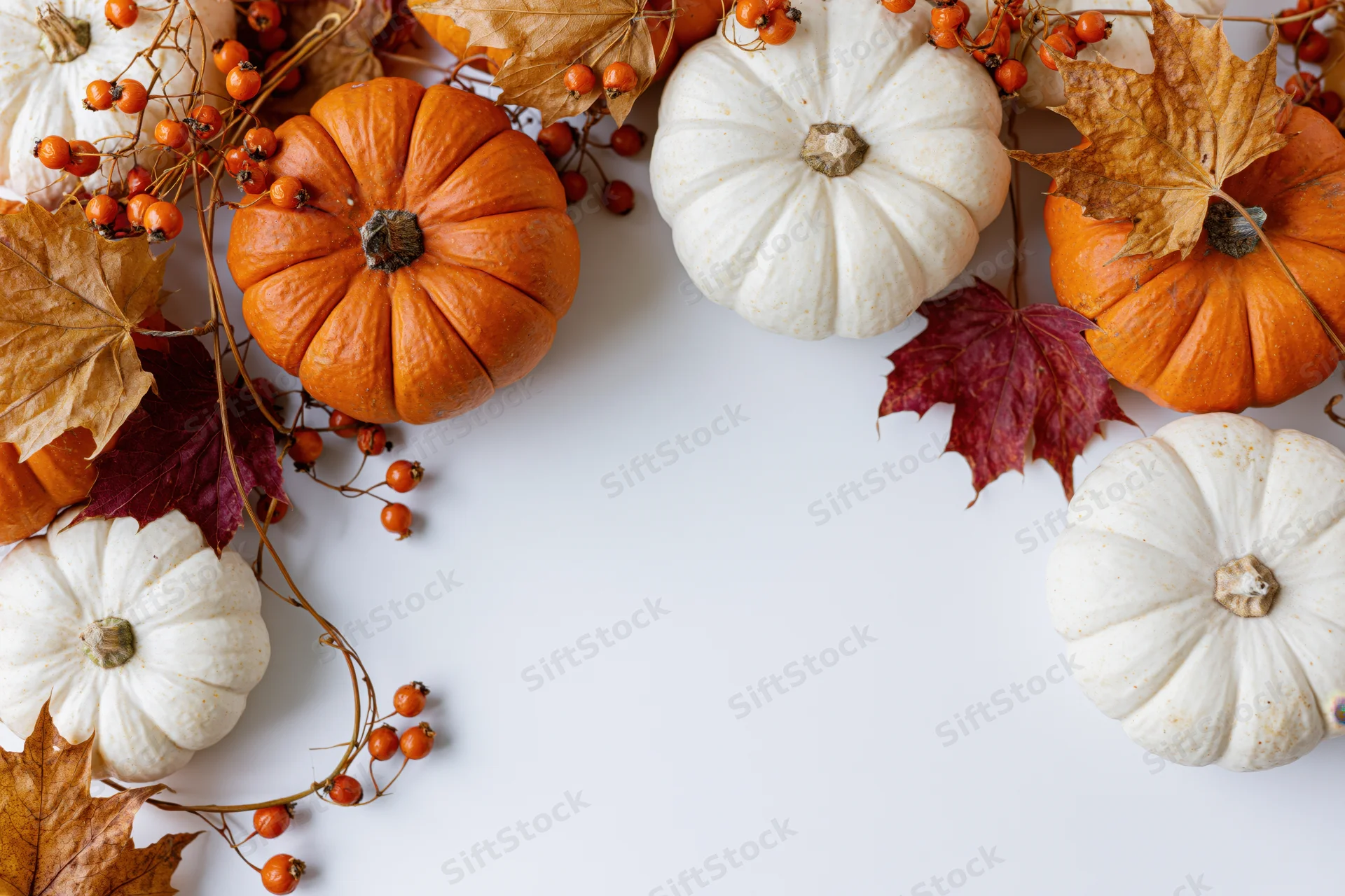 Autumn flat lay arrangement of orange and white pumpkins with dried leaves and berries on white surface