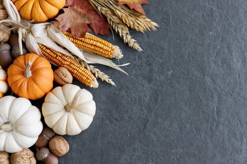 Autumn harvest arrangement with pumpkins, corn, wheat, and acorns along the left edge of a dark slate surface