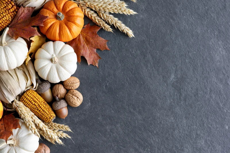 Autumn harvest arrangement with pumpkins, corn, wheat, and leaves along left edge of dark slate surface