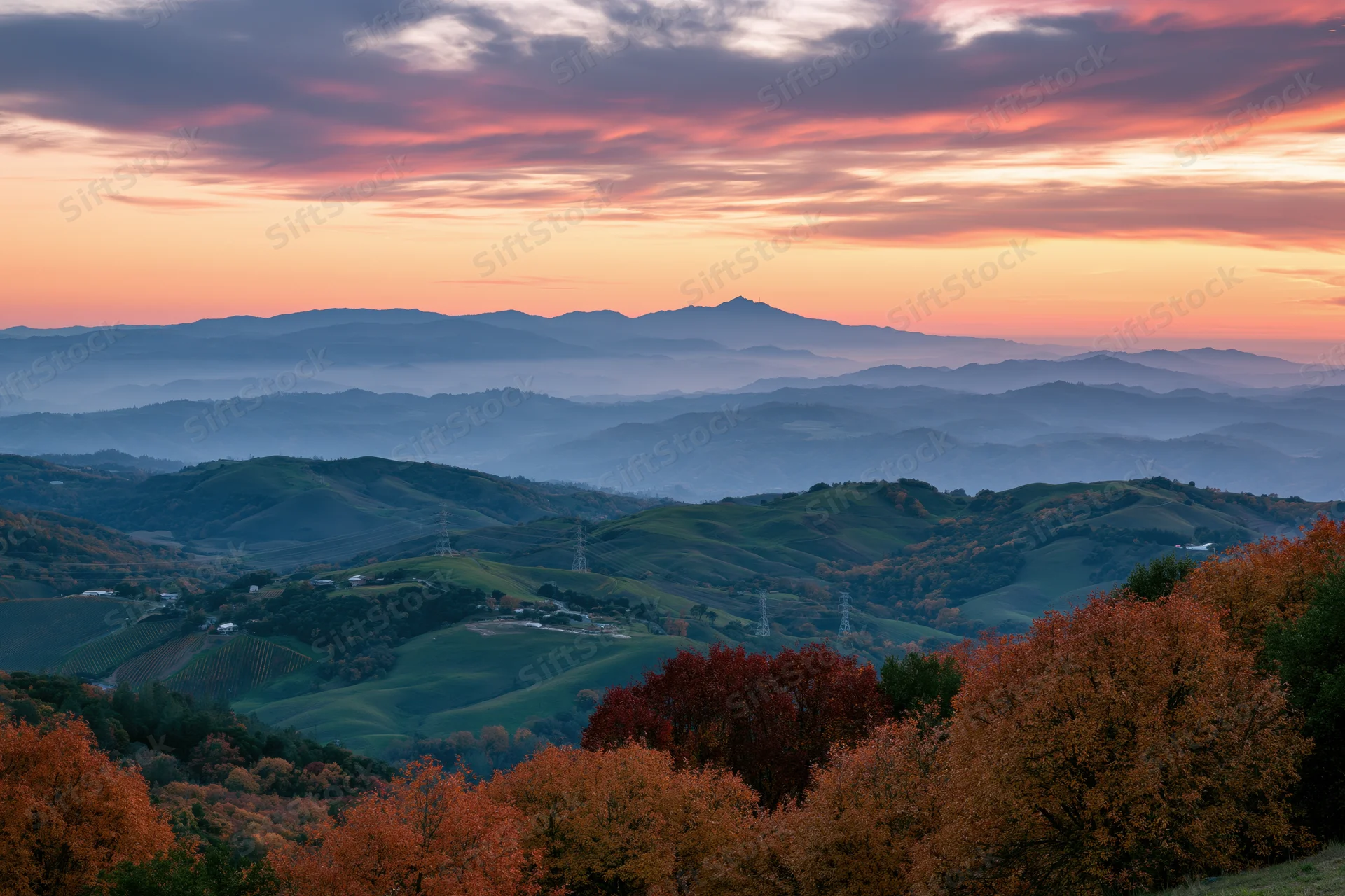 Autumn landscape with rolling green hills and colorful trees under a sunset sky