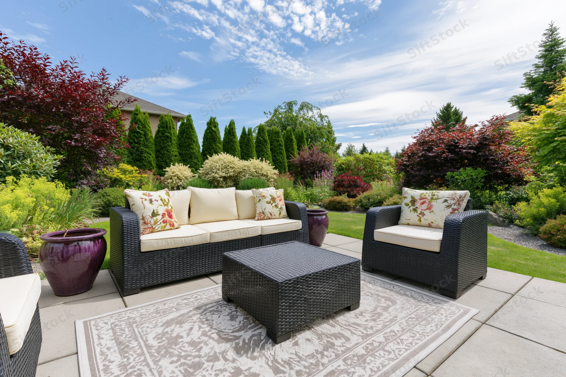 Dark wicker patio furniture set with cushions and rug arranged on a stone deck surrounded by landscaped garden and greenery