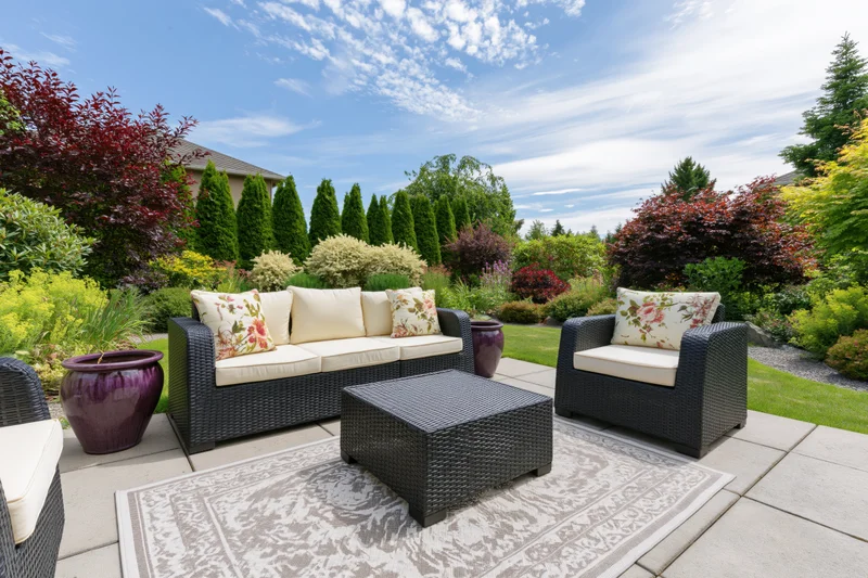 Dark wicker patio furniture set with cushions and rug arranged on a stone deck surrounded by landscaped garden and greenery