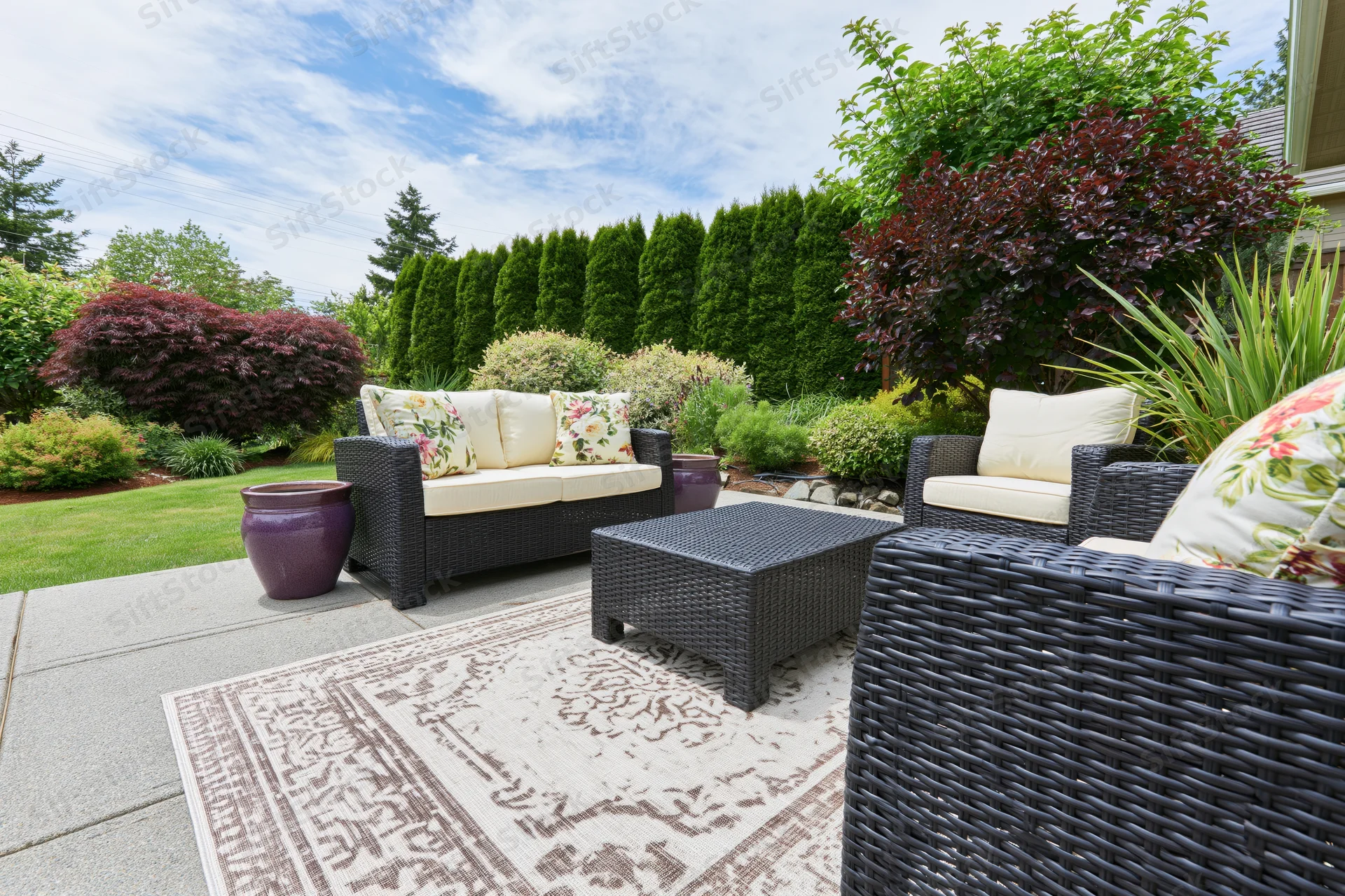 Dark wicker patio furniture set with beige cushions and floral pillows arranged on a patterned rug in a landscaped backyard garden