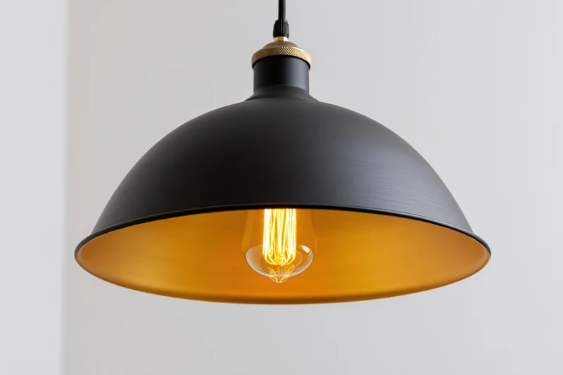 Black matte metal industrial pendant lamp hanging from ceiling with exposed filament bulb and gold interior shade