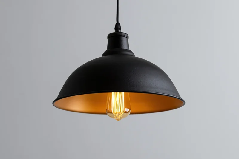 Black matte metal industrial pendant lamp hanging from ceiling with exposed filament bulb glowing warmly