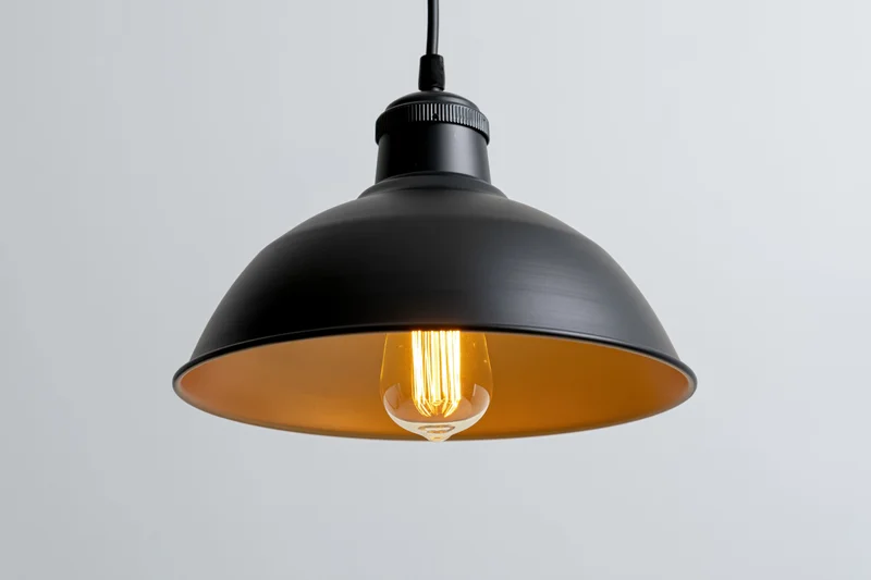 Black matte metal industrial pendant lamp hanging from ceiling with glowing edison bulb inside dome shade