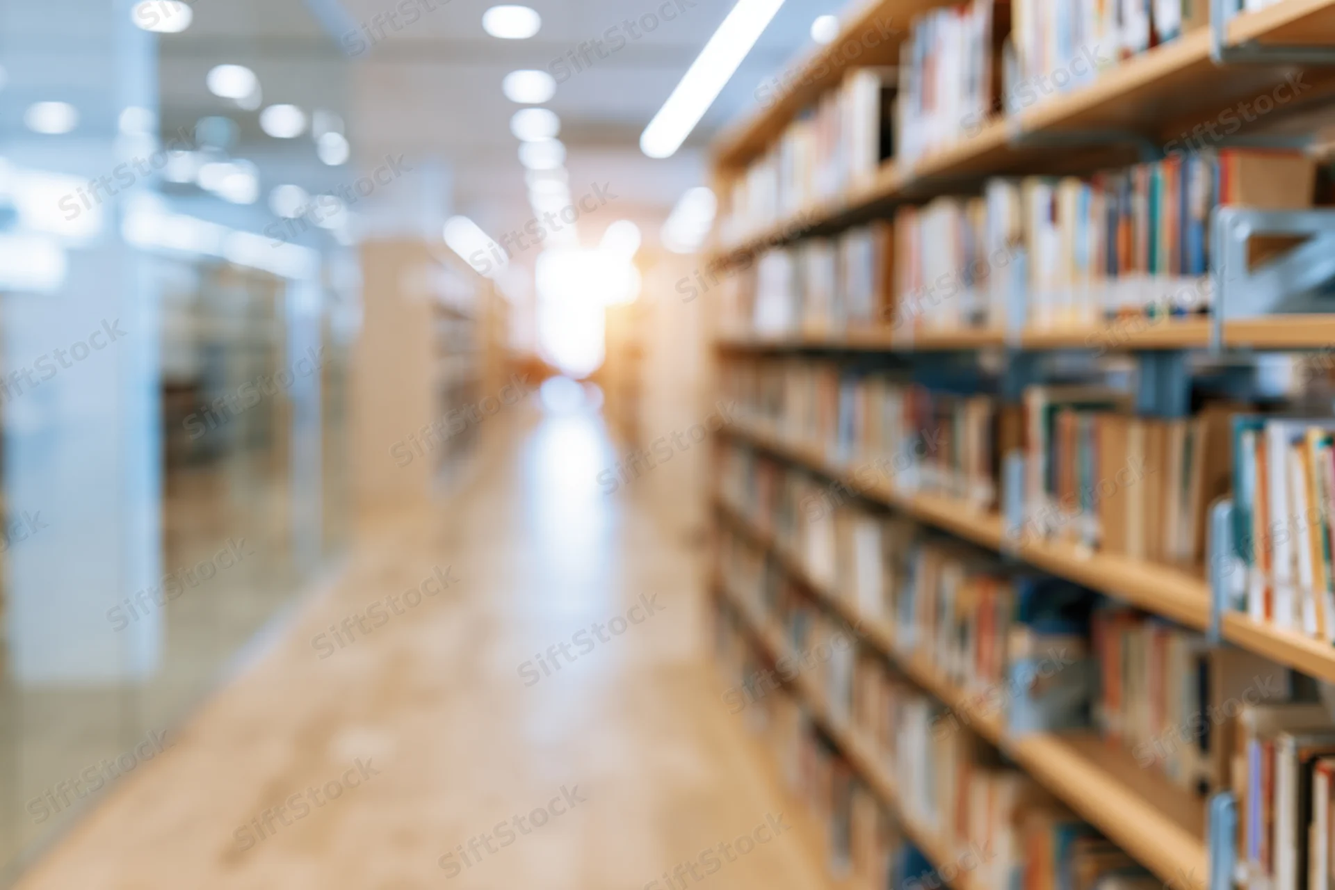 Blurred library aisle with bookshelves lining the path toward bright overhead lighting