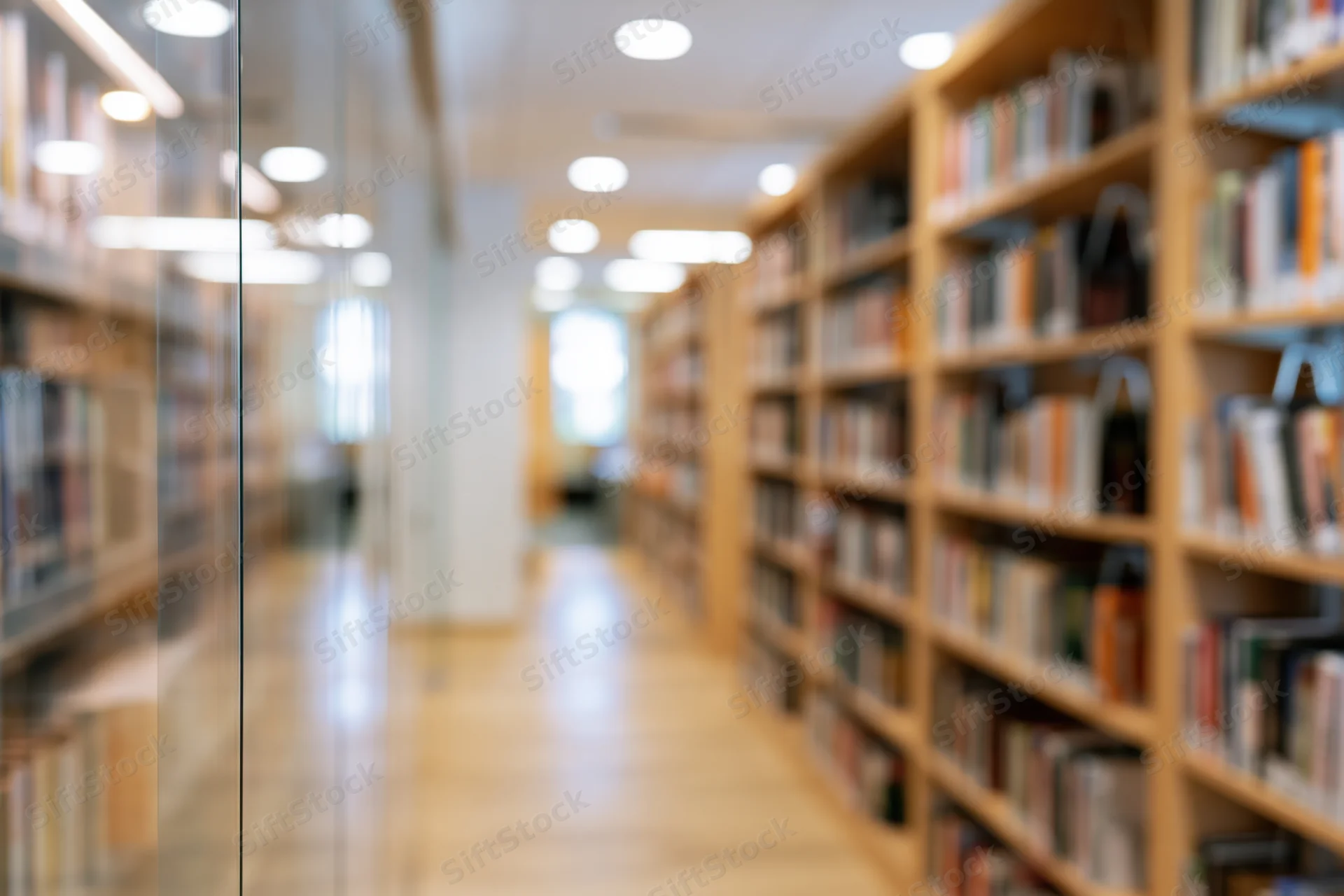 Blurred library aisle with bookshelves lining both sides leading toward bright light at end