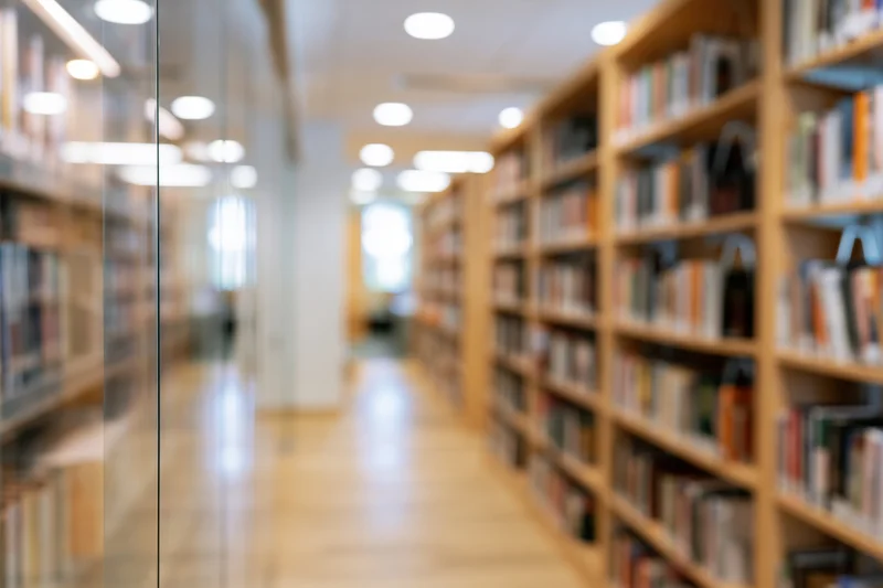 Blurred library aisle with bookshelves lining both sides leading toward bright light at end