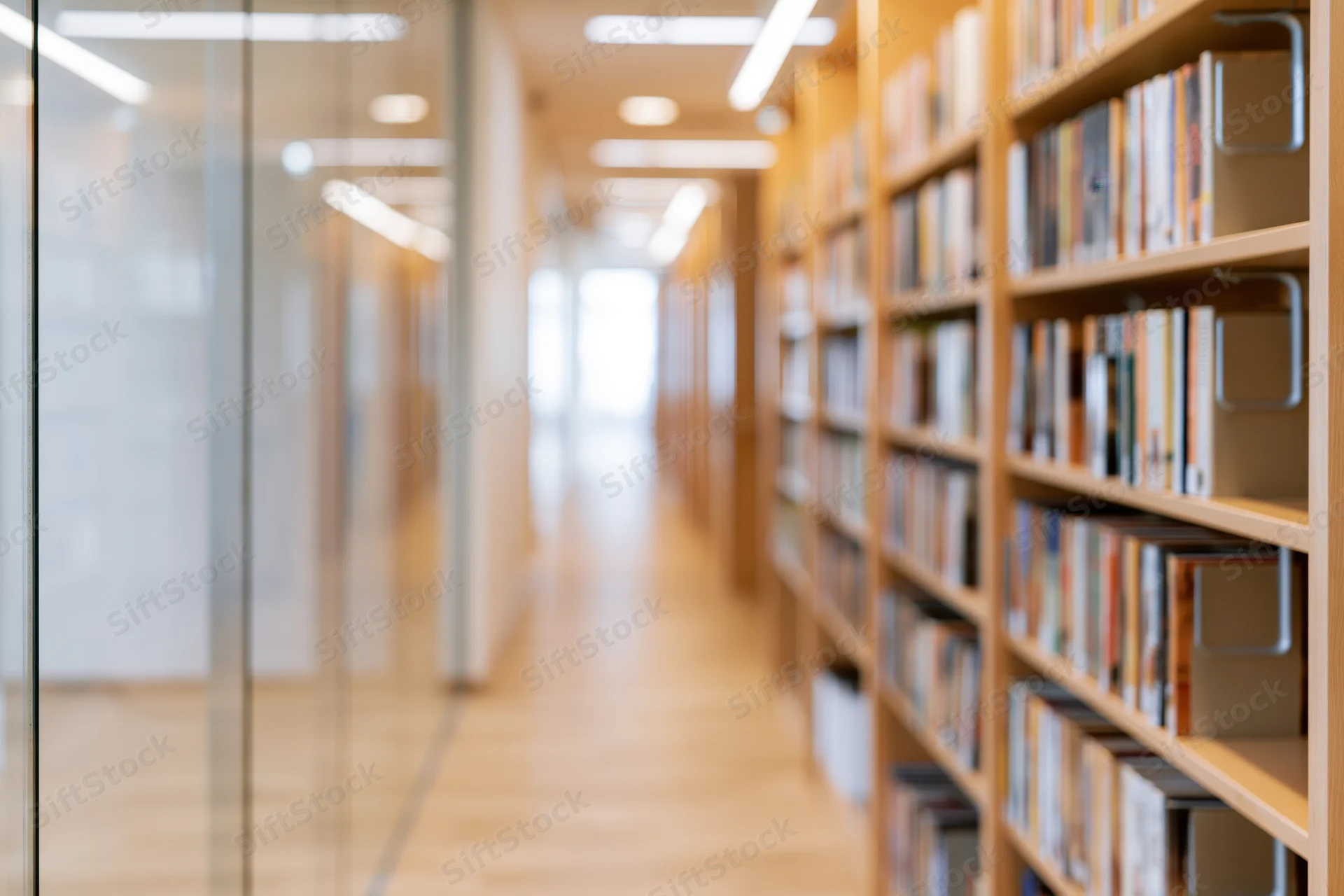 Blurred library aisle with bookshelves lining one side and glass partitions on the other, leading toward bright light at the end