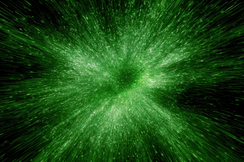 Bright green energy burst radiating outward from center in abstract cosmic display