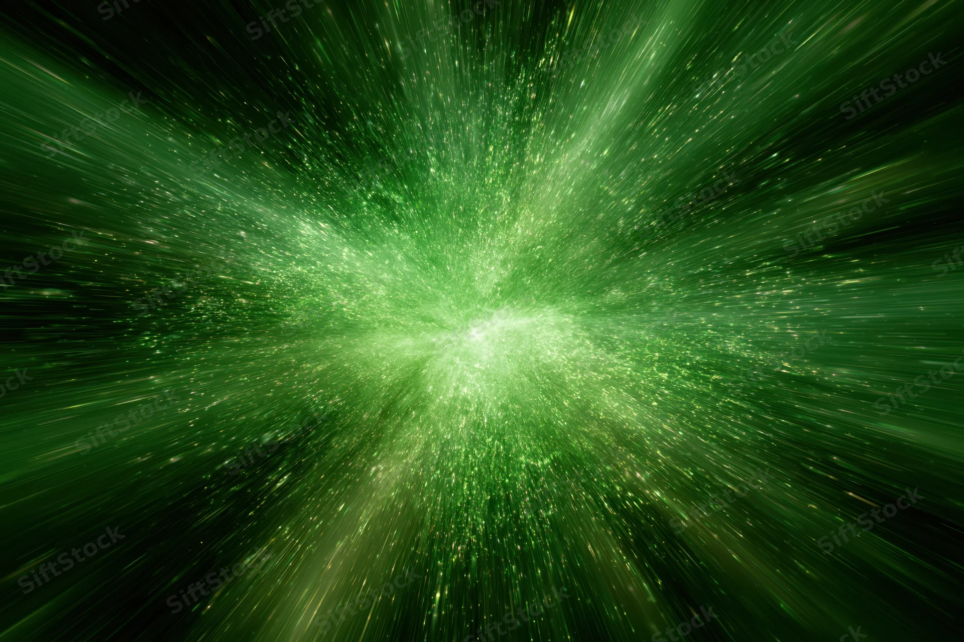 Bright green energy burst radiating outward from center in abstract cosmic space