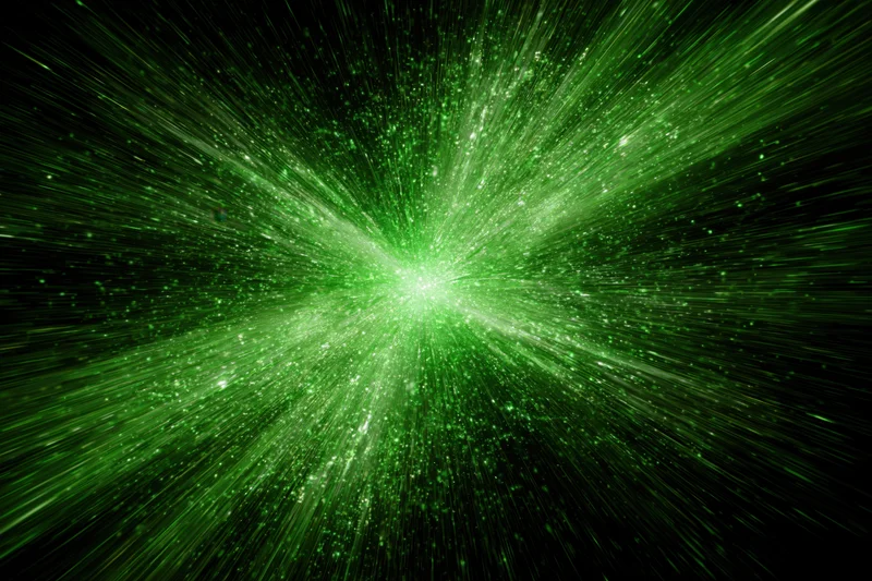 Bright green energy burst radiating outward from center in abstract cosmic display