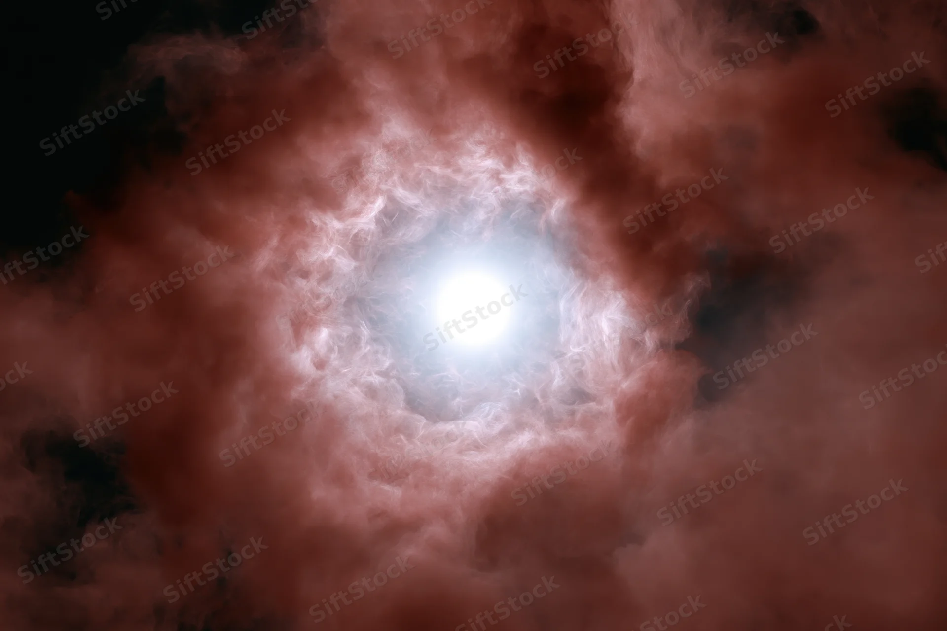 Bright white star glowing at center surrounded by billowing red and pink cosmic gas clouds in deep space