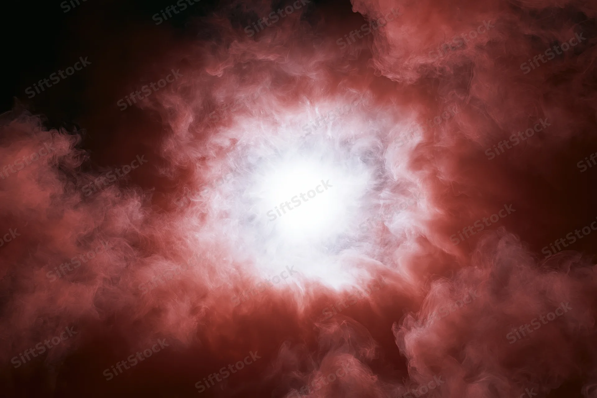 Bright white glowing orb surrounded by billowing red smoke against dark background