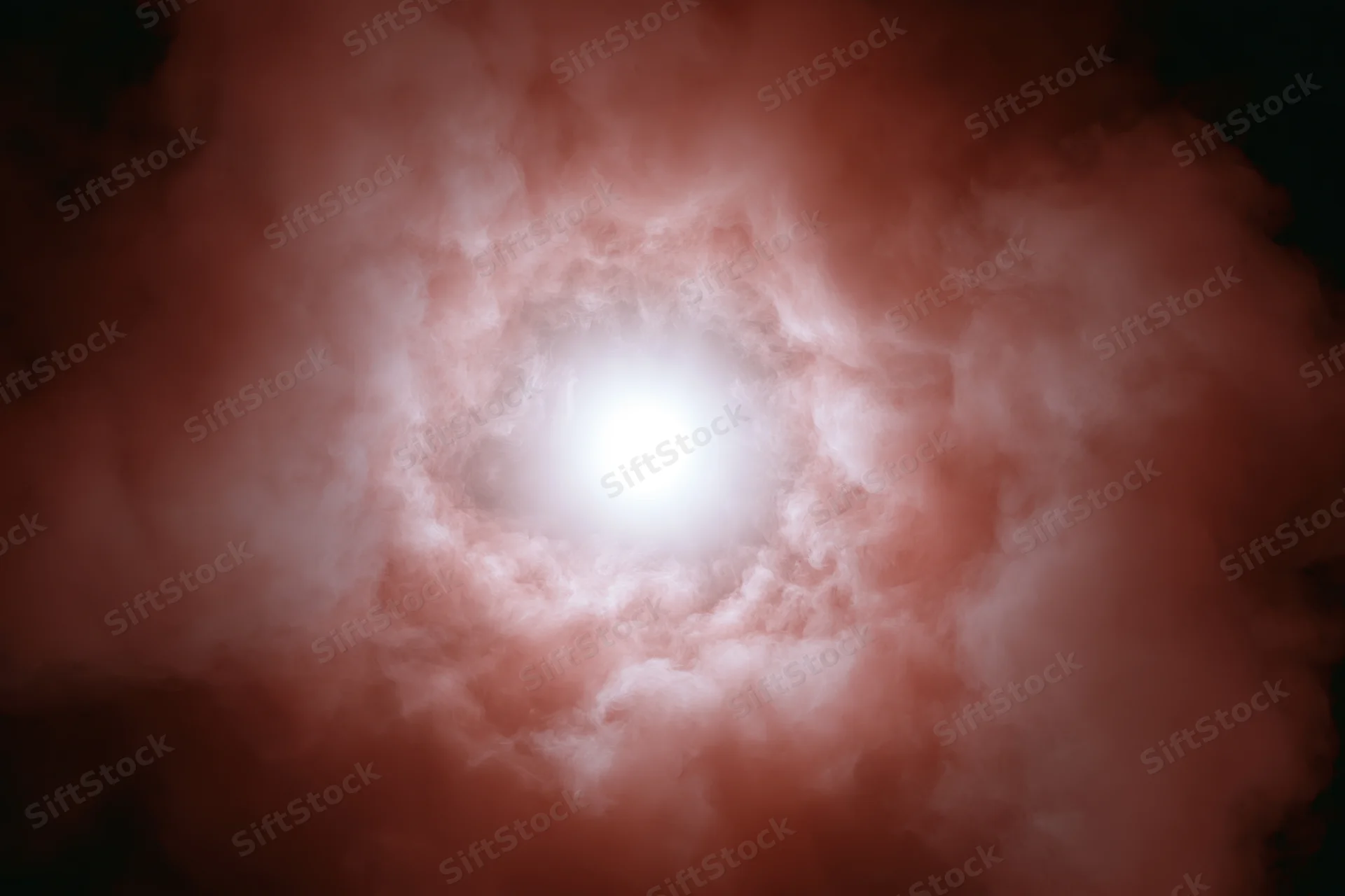Bright white glowing orb at center surrounded by billowing red and pink clouds