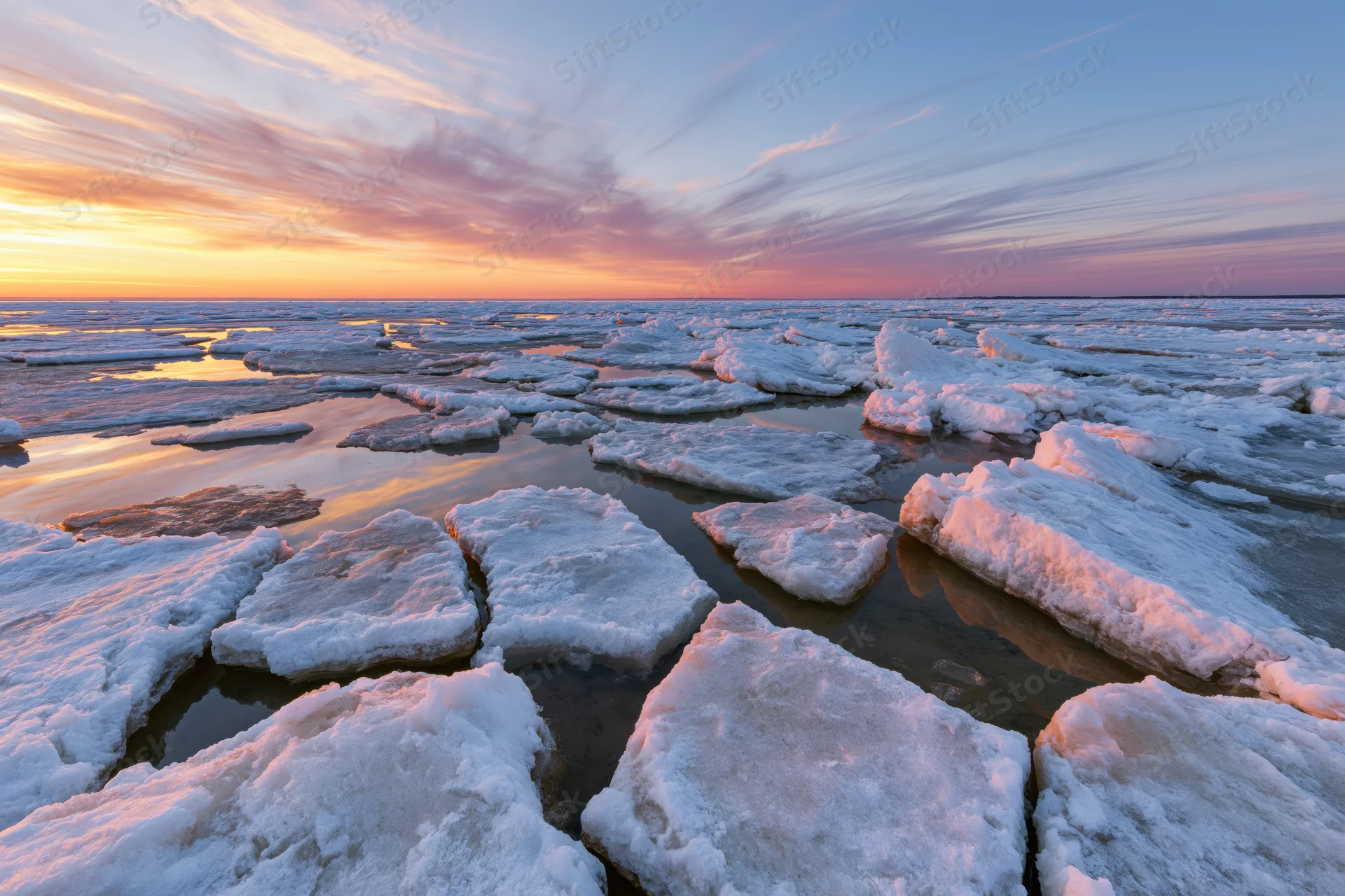 Broken ice floes scattered across a shallow frozen shoreline at sunset