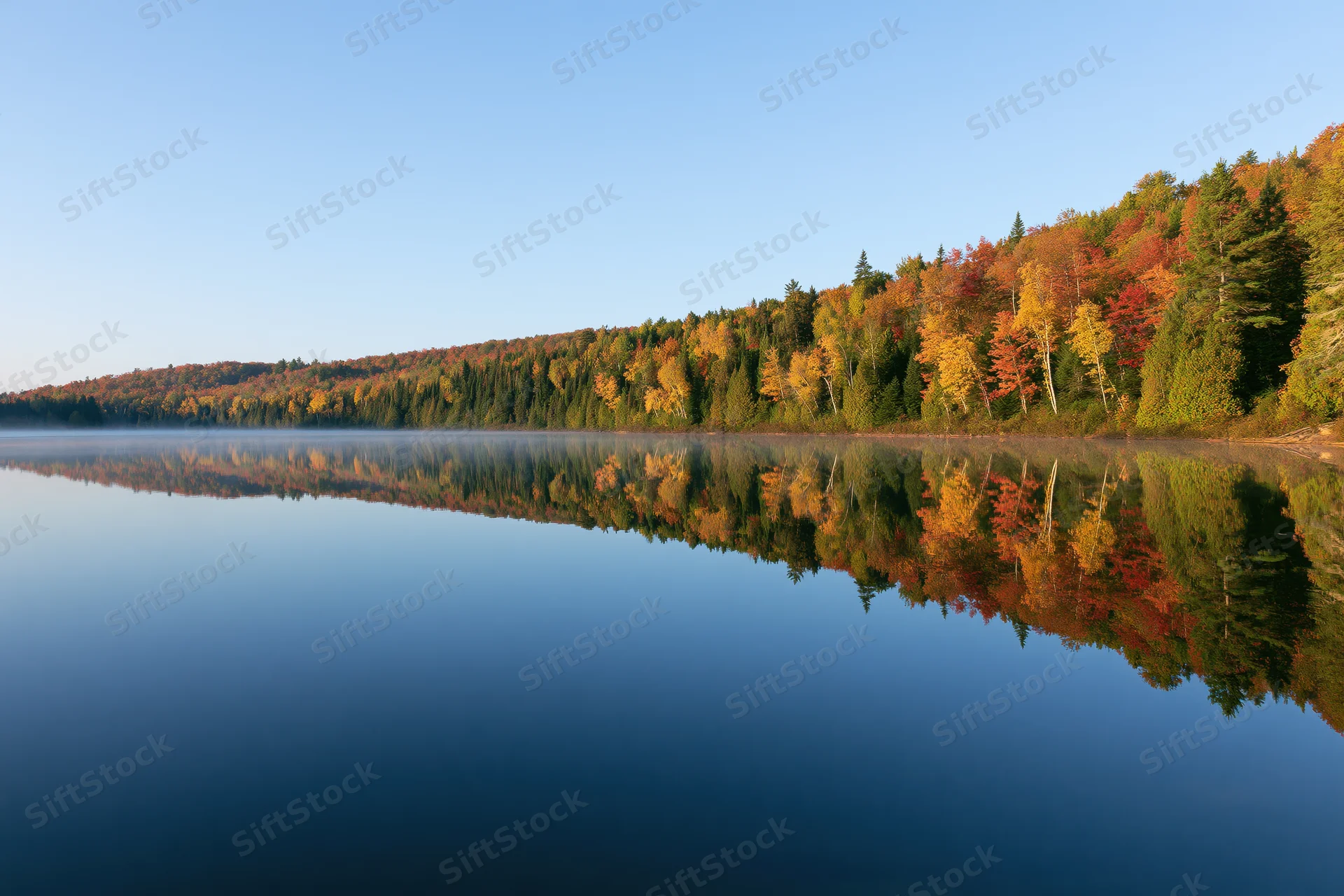Calm lake reflecting dense hillside forest in peak autumn colors