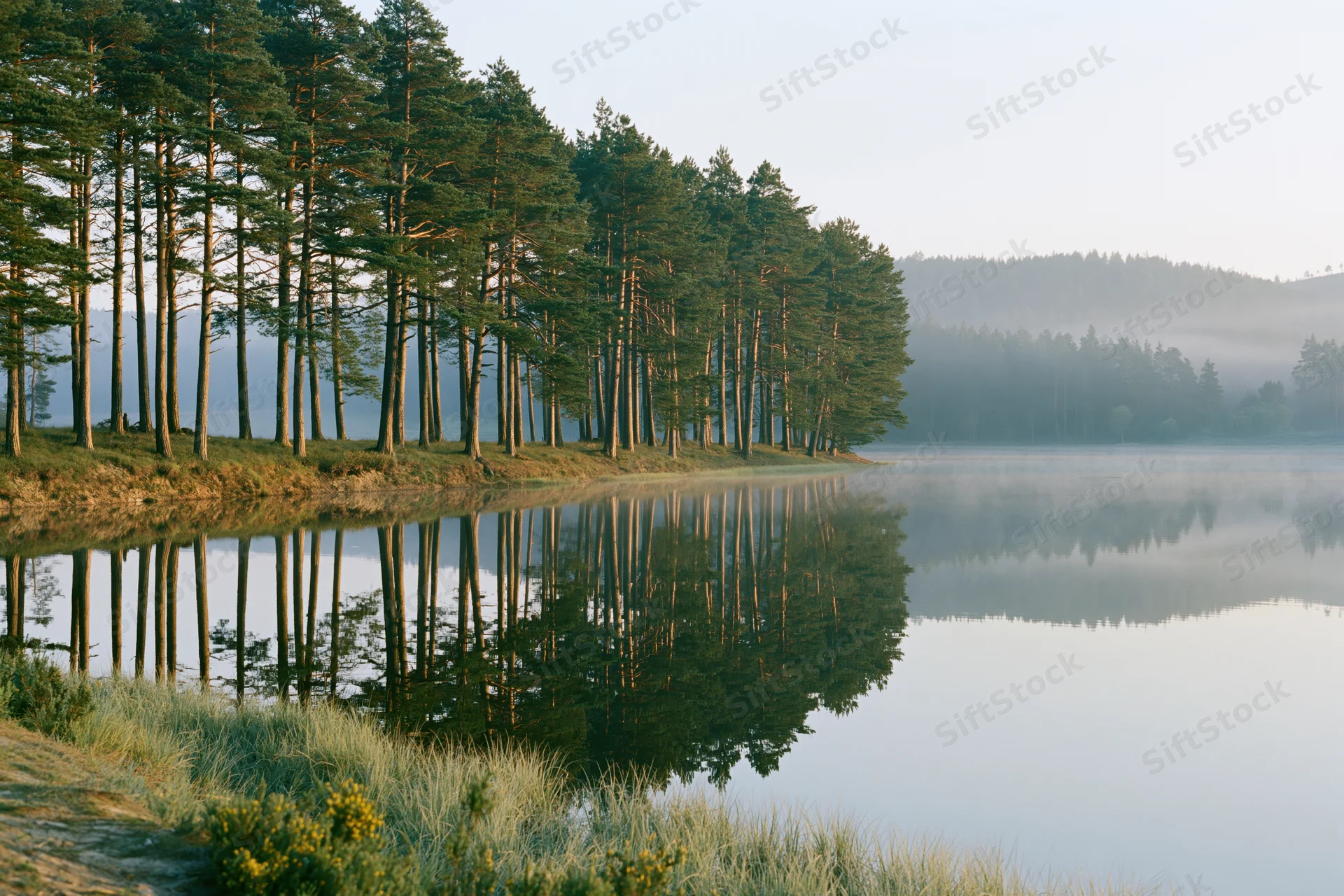 Calm lake reflecting tall pine trees along a grassy shoreline in the morning mist