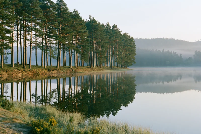 Calm lake reflecting tall pine trees along a grassy shoreline in the morning mist
