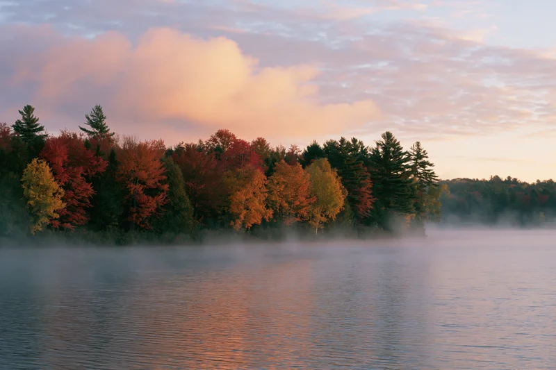 Calm lake shoreline with autumn foliage and thin morning mist reflecting in the water