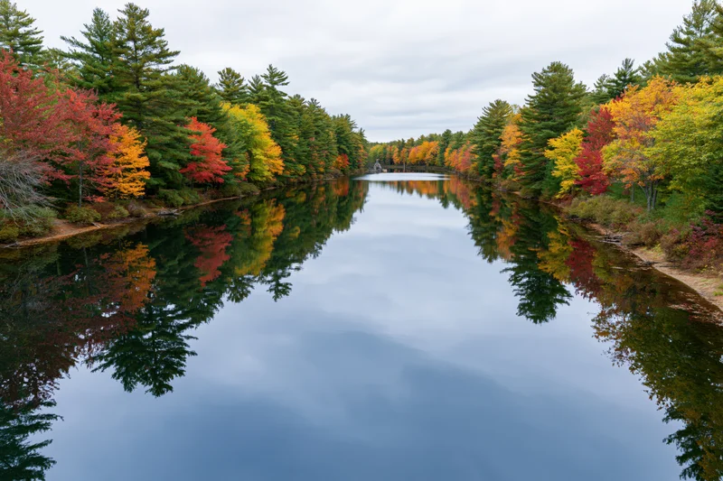 Calm river reflecting autumn trees along its banks in New England