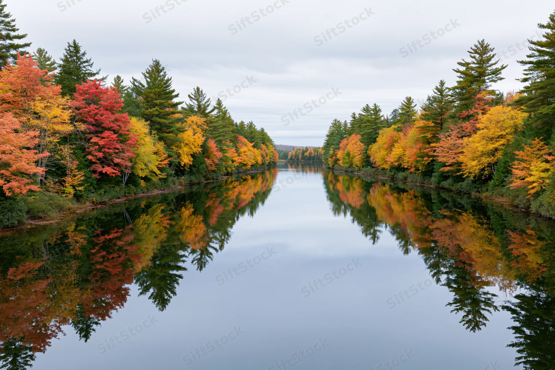 Calm narrow river reflecting autumn foliage in New England forest