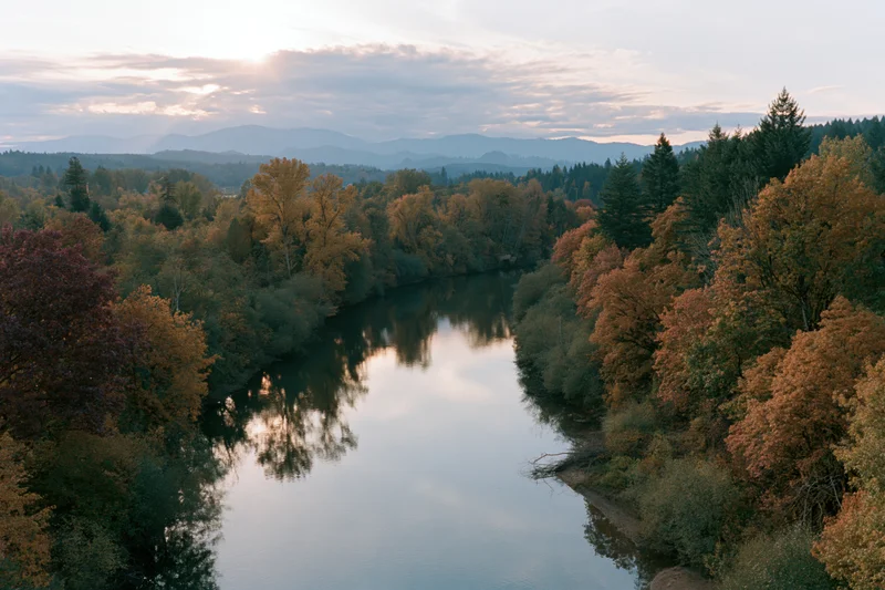 Calm river winding through mixed forest in autumn with colorful foliage reflecting in water