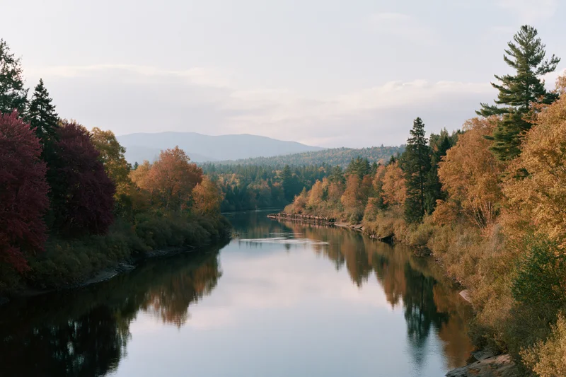 Calm river reflecting autumn trees in a mixed forest valley