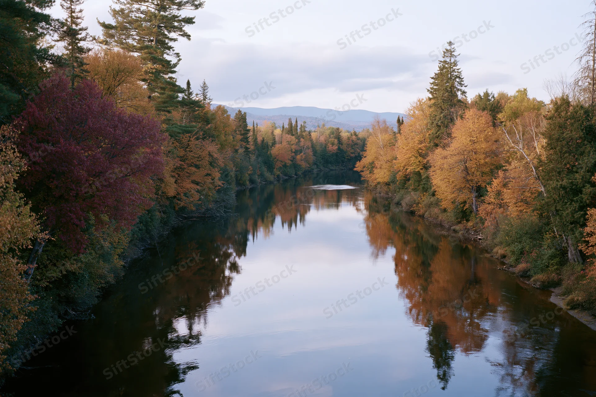 Calm river reflecting autumn trees in mixed forest landscape