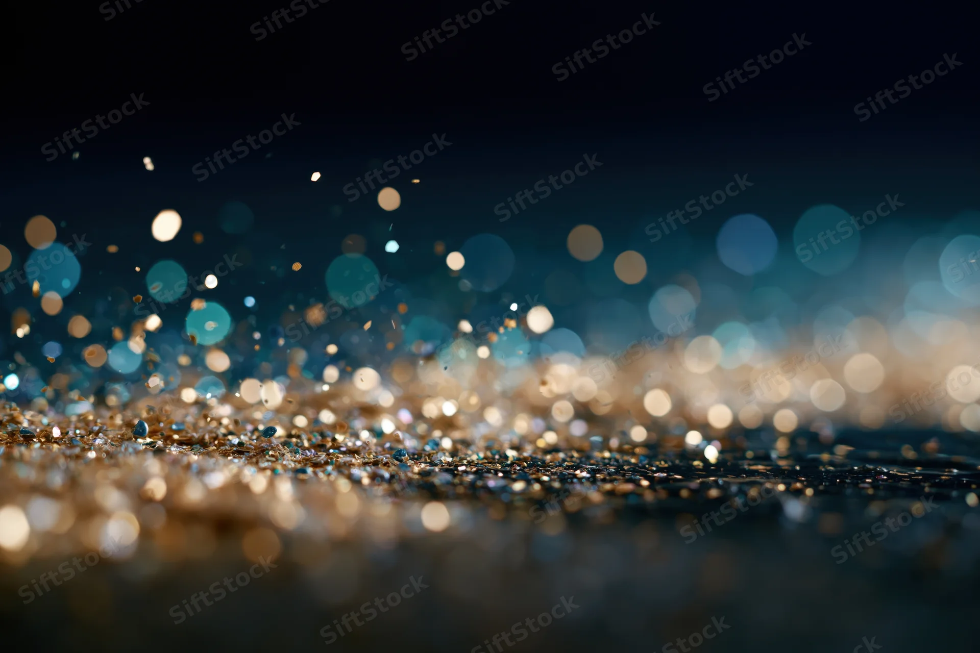 Scattered glitter on a dark surface with out-of-focus bokeh lights in the background